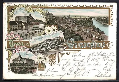 Lithographie Weissenfels, Bahnhofs-Hôtel, Markt, Schloss