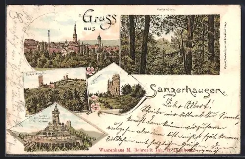 Lithographie Sangerhausen, Teilansicht, Rothenburg vom Wald aus, Kyffhäuser, Sachsenburgen