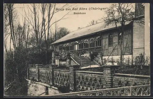 AK Bad Bibra i. Thüringen, Gäste vor dem Badhaus