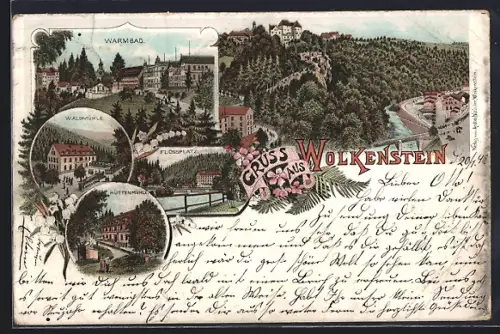 Lithographie Wolkenstein, Warmbad, Waldmühle, Hüttenmühle