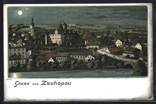 Mondschein-Lithographie Zschopau, Flusspartie mit Brücke