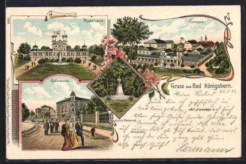 Lithographie Bad Königsborn, Badehaus, Kurhaus, Quisisana