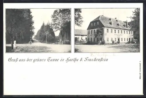 AK Hartha / Frankenstein, Gasthaus Grünne Tanne, Fahrradfahrer an einer Strasse