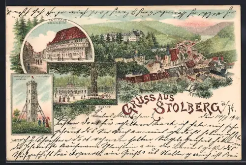 Lithographie Stolberg a. H., Rathhaus u. Rathskeller, Hunrod, Aussichtsturm