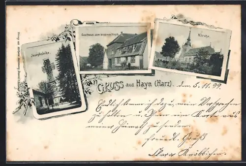 AK Hayn /Harz, Gasthaus zum Braunen Hirsch, Kirche, Turm auf der Josephshöhe