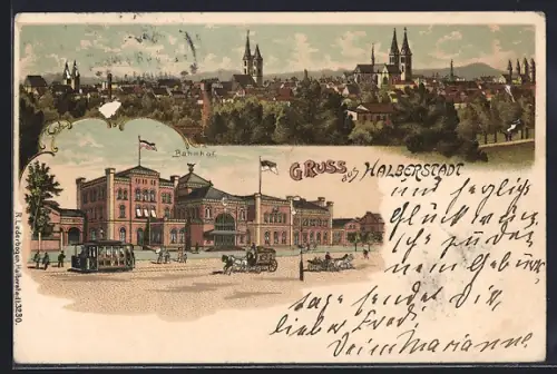 Lithographie Halberstadt, Blick auf den Bahnhof, Ortsansicht