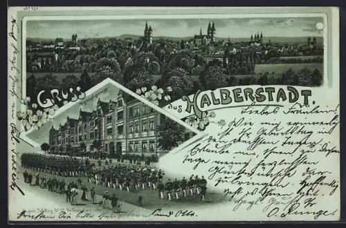 Mondschein-Lithographie Halberstadt, Parade in der Spiegelstrasse, Ortspanorama im Vollmondlicht
