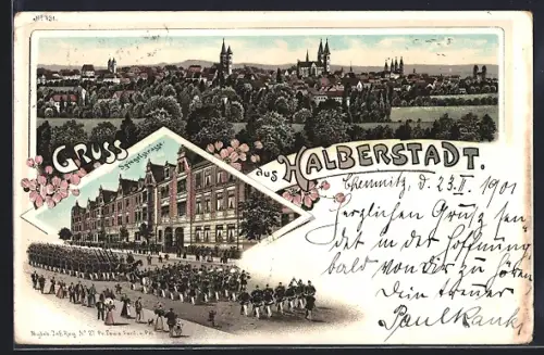 Lithographie Halberstadt, Parade in der Spiegelstrasse, Ortspanorama