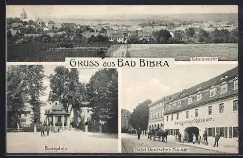 AK Bad Bibra, Hotel Deutscher Kaiser, Blick zum Badeplatz, Totalansicht des Ortes