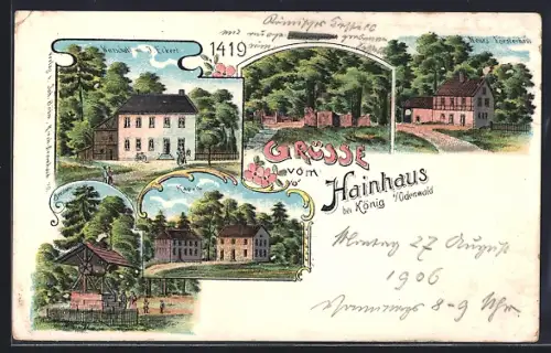 Lithographie Bad König / Odenwald, Gasthaus Hainhaus von J. Eckert, neues Försterhaus, Kapelle