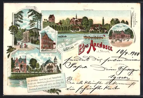 Lithographie Bad Arendsee i. d. Altmark, Gasthaus Schützenhaus, Kurhaus, Klosterkirche