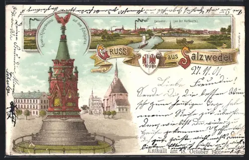 Lithographie Salzwedel, Kaiser- u. Kriegerdenkmal auf dem Schulplatze, Ortsansicht von der Nordseite, Wappen