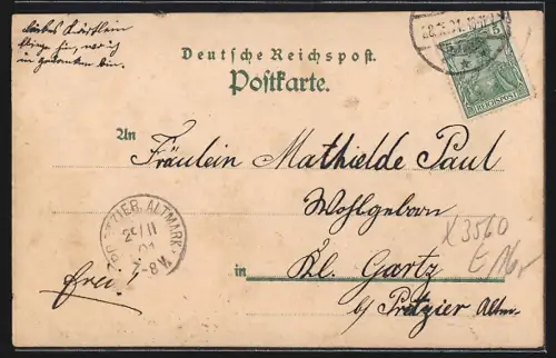 Lithographie Salzwedel, Kaiser- u. Kriegerdenkmal auf dem Schulplatze, Ortsansicht von der Nordseite, Wappen