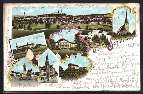 Lithographie Schleiz, Rathaus, Kaiser Wilhelm Denkmal, Schlösser Burgk, Schleiz und Ebersdorf, Bergkirche, Totalansicht