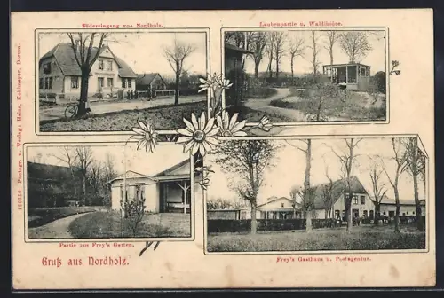 AK Nordholz, Partie aus Frey's Garten, Frey's Gasthaus & Postagentur, Laubenpartie & Waldiisiere