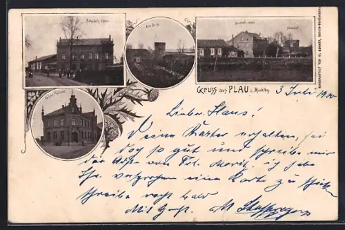 AK Plau i. Mecklbg., Bahnhofs-Hotel, Kaiserl. Postamt, Bahnhof, Alte Burg