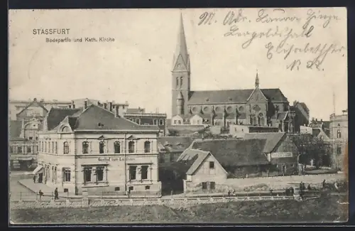 AK Stassfurt, Gasthaus zum Landhaus, Bodepartie und Kath. Kirche