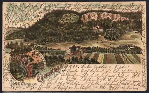 Lithographie Arnstadt, Ortsansicht mit Eremitage