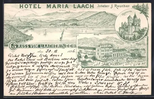 Lithographie Maria Laach, Hotel Reuther, Klosterkirche