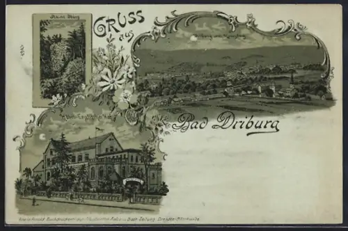 Mondschein-Lithographie Bad Driburg, Hotel Englischer Hof, Ruine Iburg, Ortsansicht vom Krezberg aus