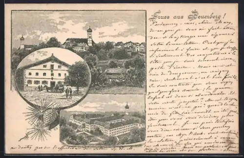 Lithographie Beuerberg / Eurasburg, Gasthof mit Vorplatz und Kloster