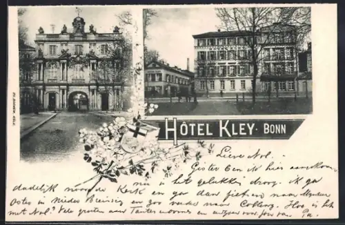 AK Bonn, Hotel Kley, Strassenpartie, Wappen mit Blumen