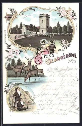 Lithographie Thale, Gasthof und Turm auf der Georgshöhe, Zwerge