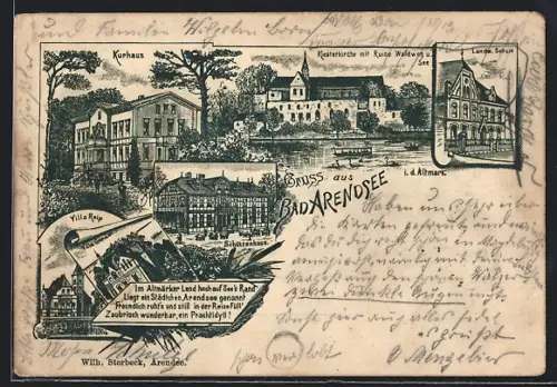 Lithographie Bad Arendsee, Villa Reip, Kurhaus, Klosterkirche mit Ruine Waldweg und See, Schützenhaus u.a.