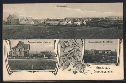 AK Oberbeisheim, Gasthaus Waldschlösschen, Niederhessische Heerdfabrik und Totalansicht