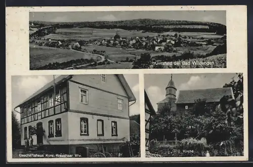 AK Armsfeld bei Bad Wildungen, Geschäftshaus Konr. Kraushaar Ww. und Kirche