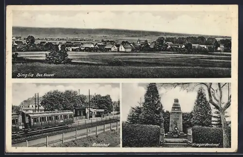 AK Singlis /Kassel, Bahnhof, Kriegerdenkmal und Blick über den Ort