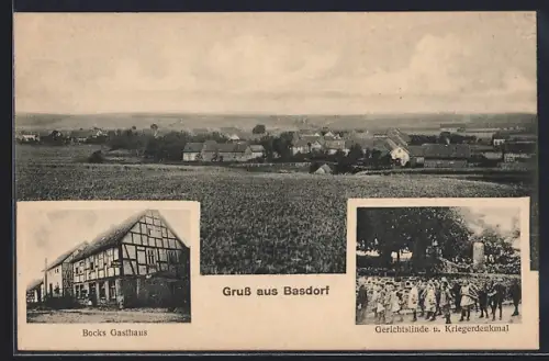 AK Basdorf / Vöhl, Bocks Gasthaus und Gerichtslinde u. Kriegerdenkmal