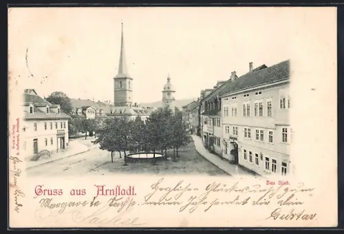 AK Arnstadt, Ried-Strasse, Brunnen und Kirchturm