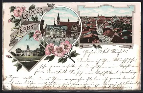 Lithographie Zerbst, Markt mit Rathaus, Strassenpartie aus der Vogelschau, Schloss