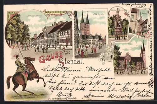 Lithographie Stendal, Dom, Alte Dorfstrasse, Marktplatz