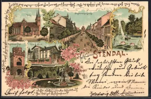 Lithographie Stendal, Villa Müller mit Gartenanlagen, Schadewachtenstrasse, Dom und Tangermünder Tor