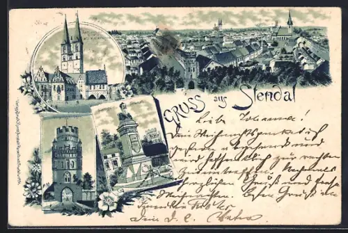 Lithographie Stendal, Nachtigal-Denkmal, Rathaus mit Roland u. St. Marienkirche, Ünglinger Tor