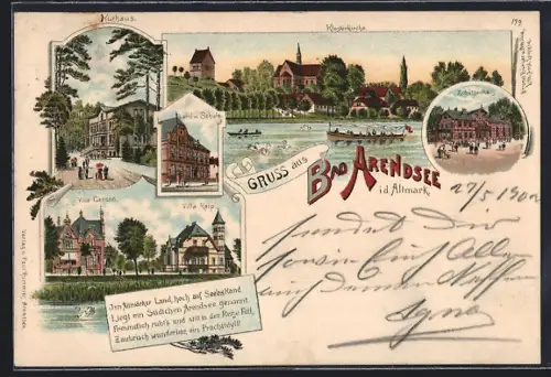 Lithographie Bad Arendsee, Landw. Schule, Kurhaus, Deepe Deel, Klosterkirche, Villa Gensen und Villa Reip