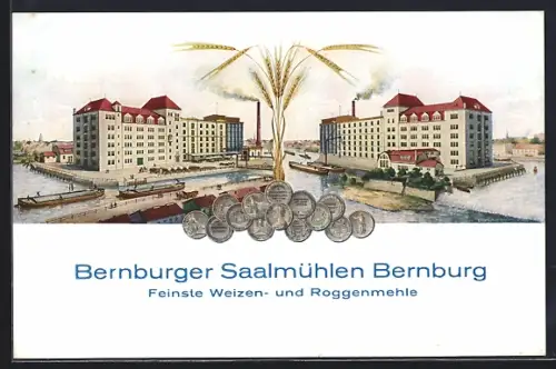 AK Bernburg, Saalmühlen mit Flusspartie, Reklame für feinste Weizen- und Roggenmehle
