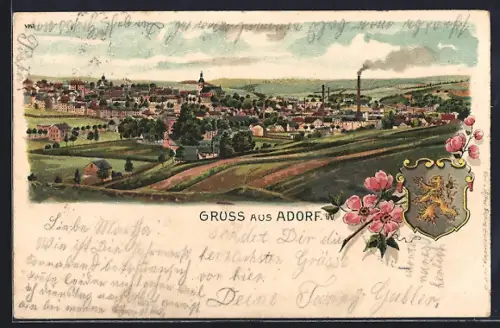 Lithographie Adorf / Vogtland, Panorama-Ansicht mit Wappen