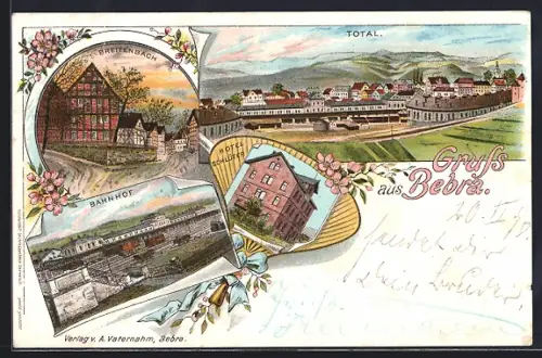 Lithographie Bebra, Hotel Schlüter, Bahnhof, Breitenbach