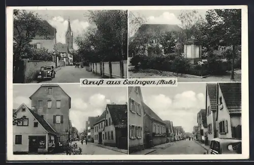 AK Essingen /Pfalz, Strassenpartien mit Geschäft und Kirche, Ortspartien
