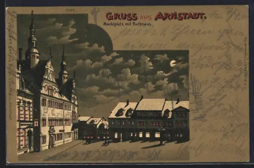 Lithographie Arnstadt, Marktplatz mit Rathaus