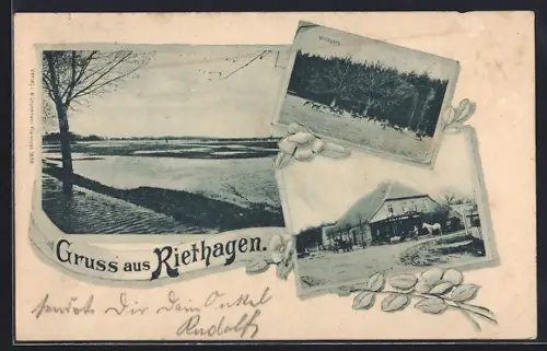 Lithographie Riethagen, Wildpark, überschwemmte Wiesen, Hausansicht