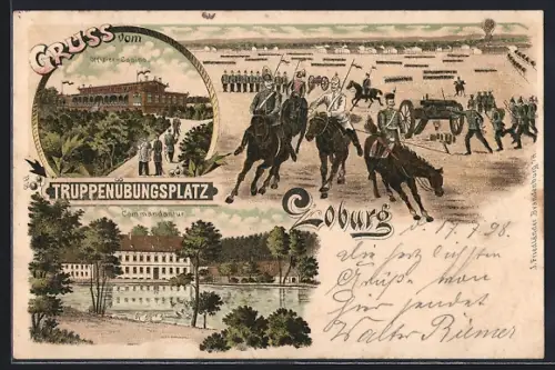 Lithographie Loburg, Truppenübungsplatz mit Reitern und Kanone, Offizier-Casino