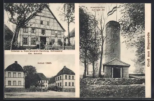 AK Bisperode, Kolonial - u. Materialwaren-Handlung, Schlosserei Chr. Schmidt, Aussichtsturm und Schloss