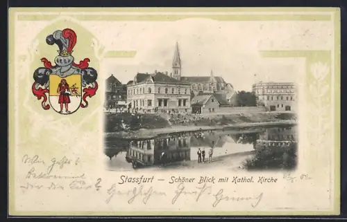 AK Präge-Stassfurt, Schöner Blick mit Kathol. Kirche, Passepartout mit Wappen