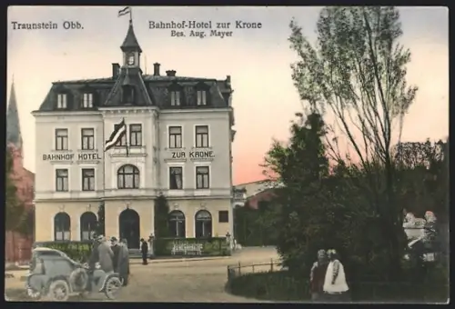 AK Traunstein, Bahnhof-Hotel zur Krone, Inh.: Aug. Mayer