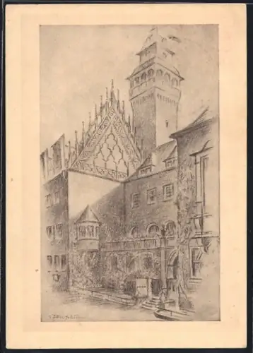 Künstler-AK Zeitz, Rathaus mit dem spätgotischen Giebel