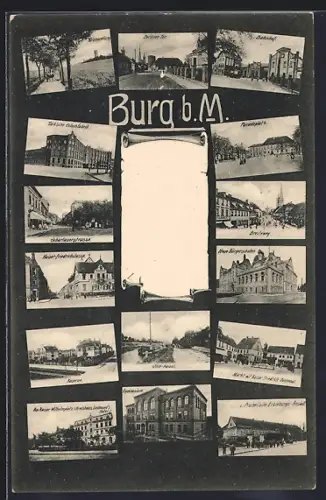 Grusskarten-AK Burg b. M., Bahnhof, Paradeplatz, Tack`sche Schuhfabrik, Kaserne, Ihle-Kanal, Gymnasium, Bismarckturm